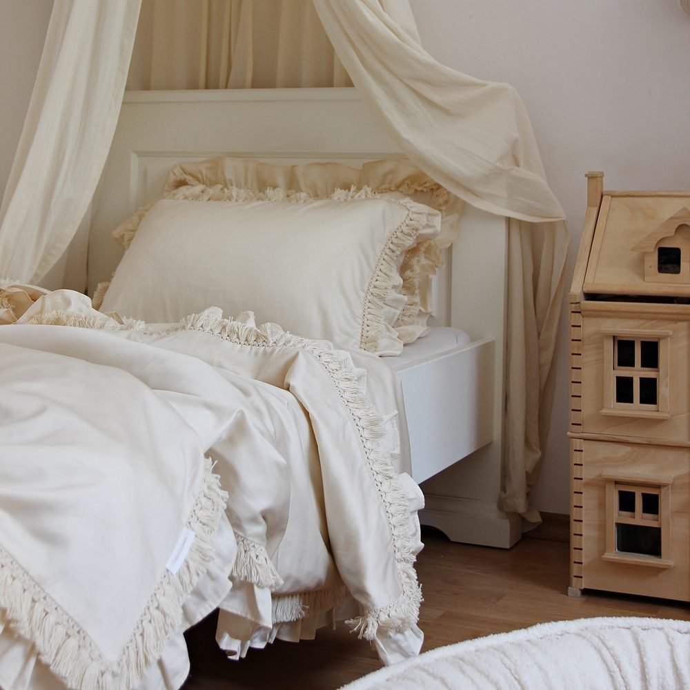 Parure de lit Boho Fringe Vanille - Coton et Bonbons