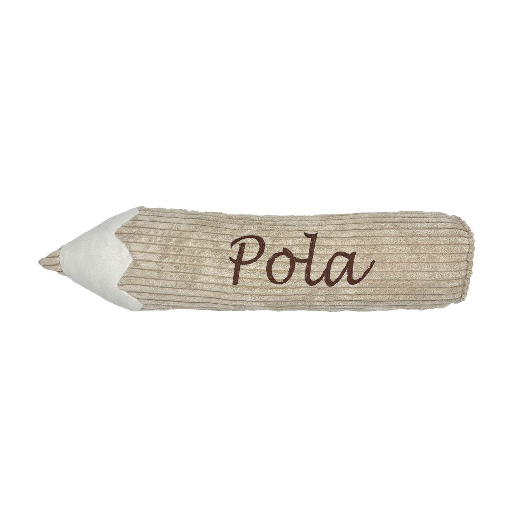 Corduroy potloodkussen met naam- Off white