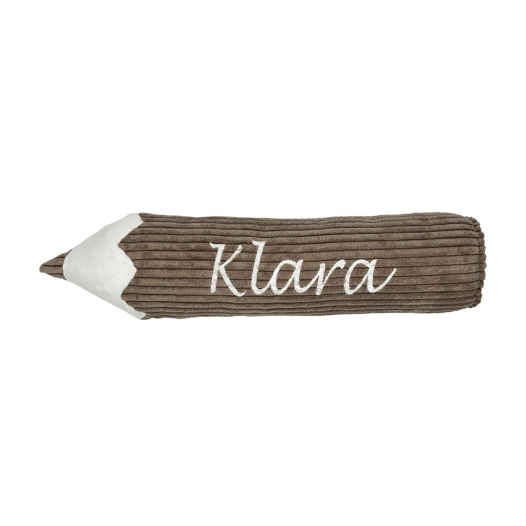 Corduroy potloodkussen met naam- Sugar Brown