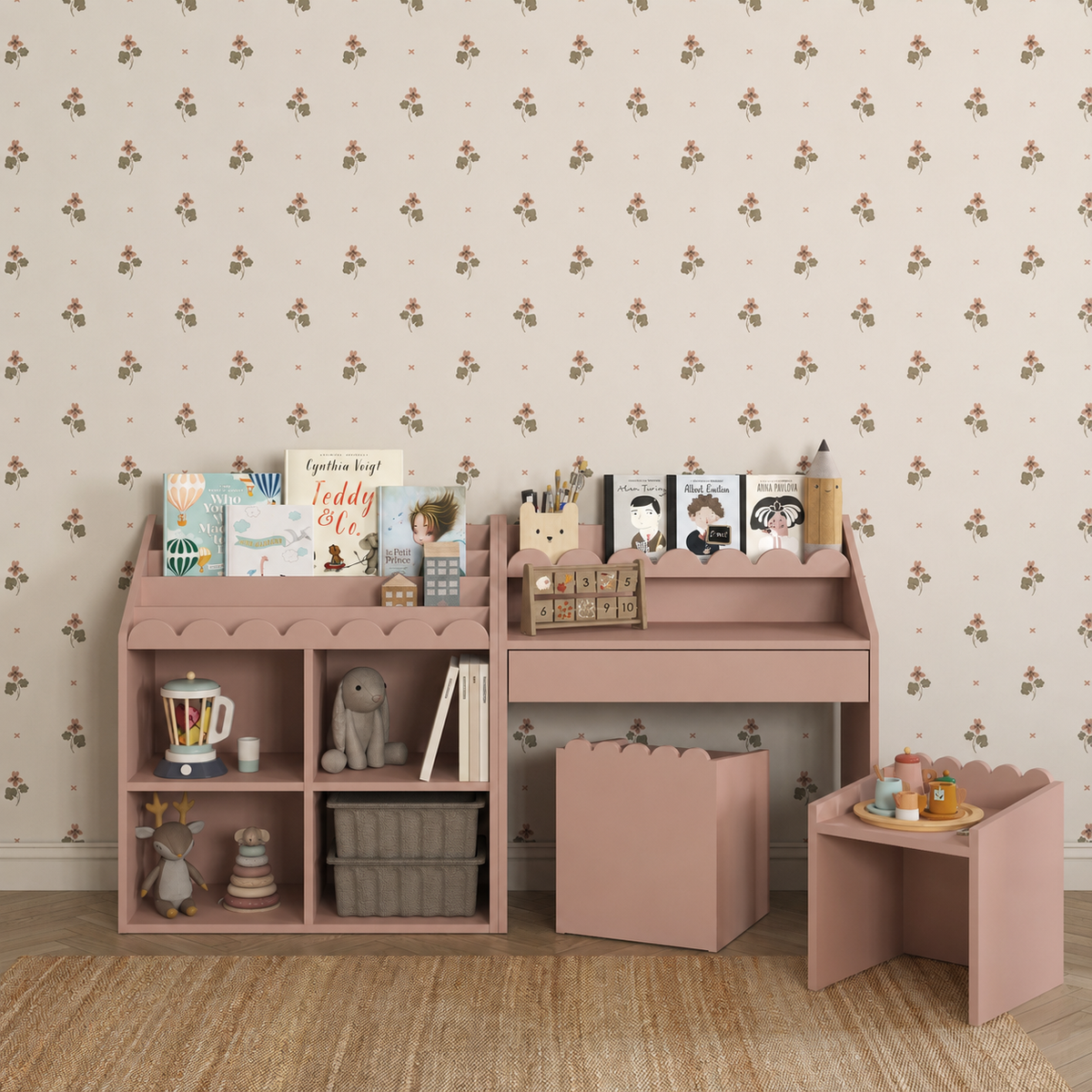 Nomi Montessori Set Vintage Rose – Bureau, Boekenkast + 2 Stoelen