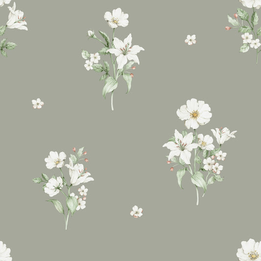 Green and White Flowers - Behang