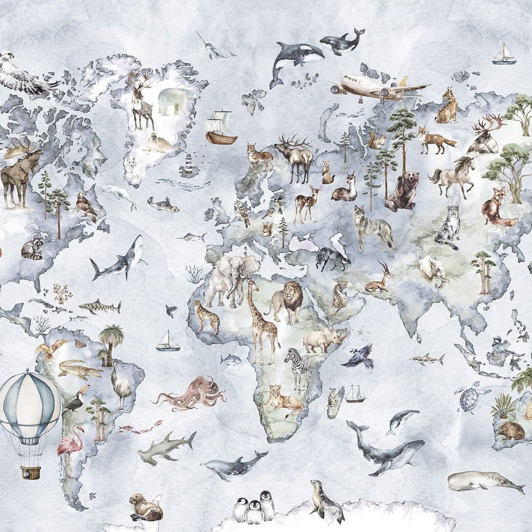 World map -Blauw-Behang