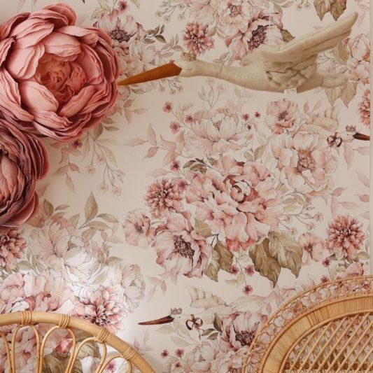 @dehuismuts Wallpaper Flowers and Storks- Dreamy Pink & Peony