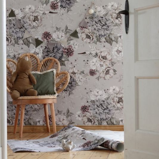 @dehuismuts Wallpaper Flowers and Storks- Dreamy Gray & Green-Unisex