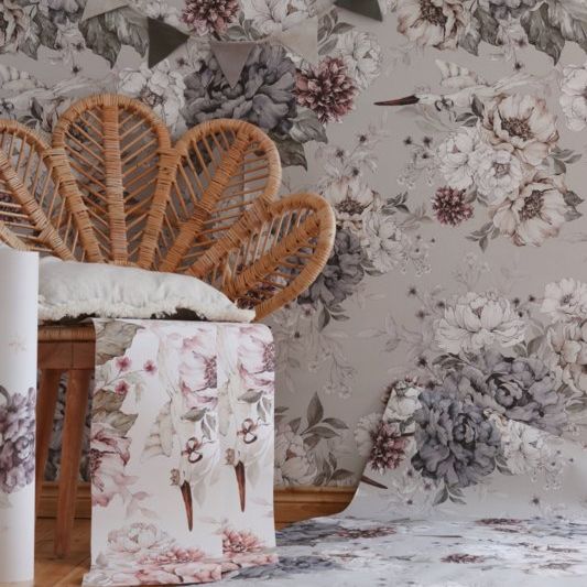 @dehuismuts Wallpaper Flowers and Storks- Dreamy Gray & Green-Unisex