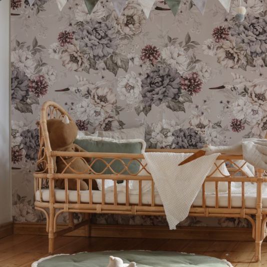 @dehuismuts Wallpaper Flowers and Storks- Dreamy Gray & Green-Unisex