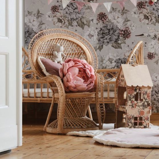 @dehuismuts Wallpaper Flowers and Storks- Dreamy Gray & Green-Unisex