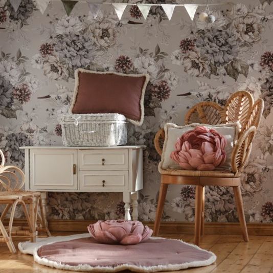 @dehuismuts Wallpaper Flowers and Storks- Dreamy Gray & Green-Unisex