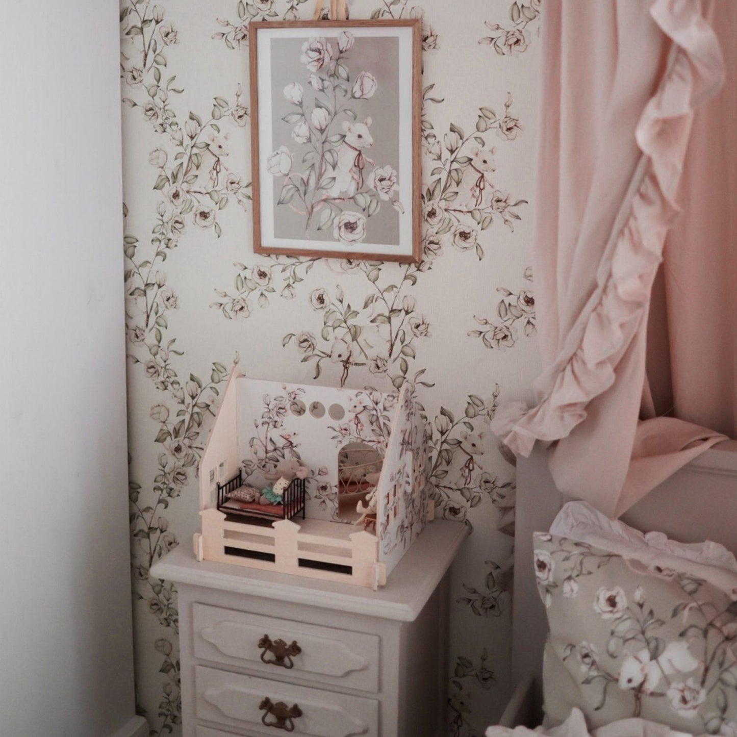 Basic Houten poppenhuis " Floral Mice" Cream