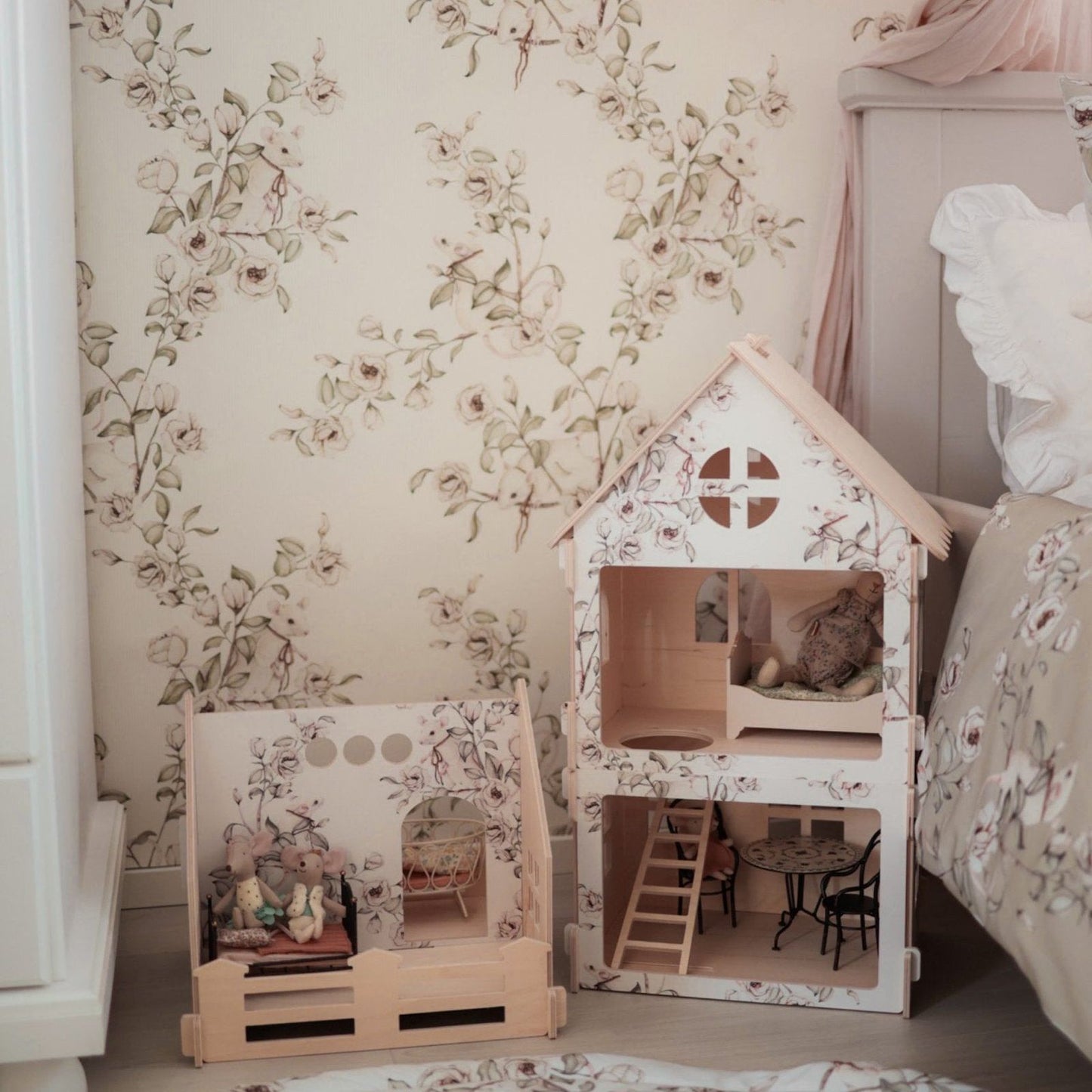 Basic Houten poppenhuis " Floral Mice" Cream