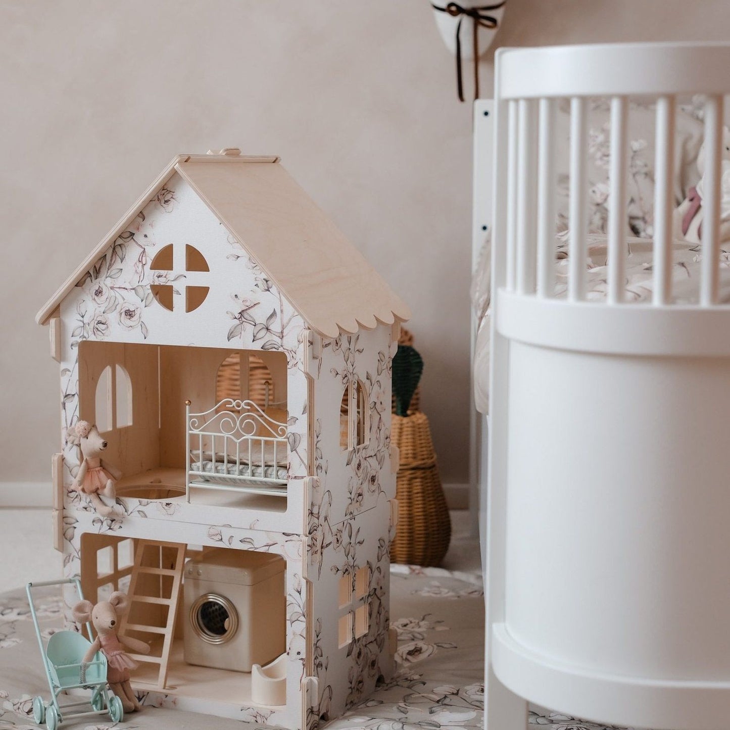Premium Houten poppenhuis " Floral Mice Collection" Cream