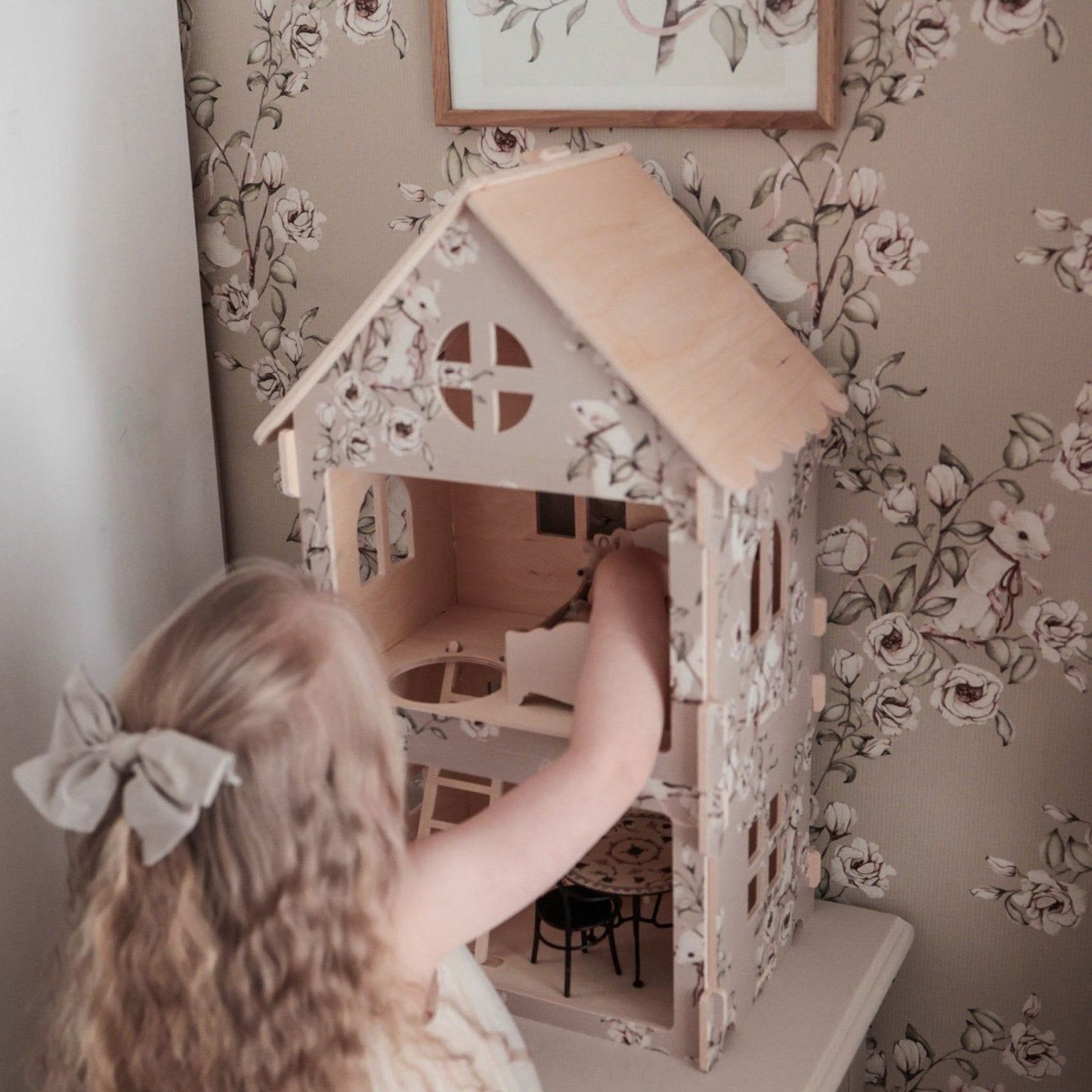 Premium Houten poppenhuis " Floral Mice Collection" Taupe