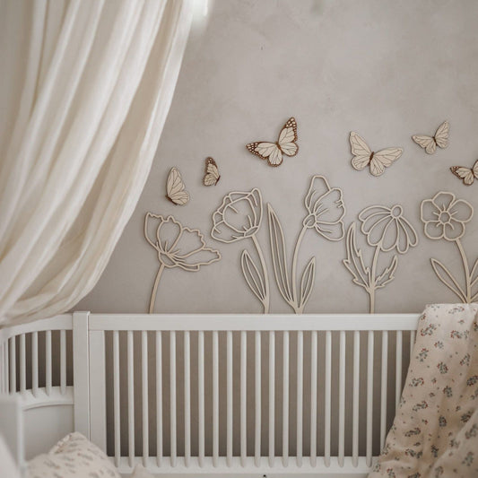 Houten wandset ' Flowers and Butterflies'
