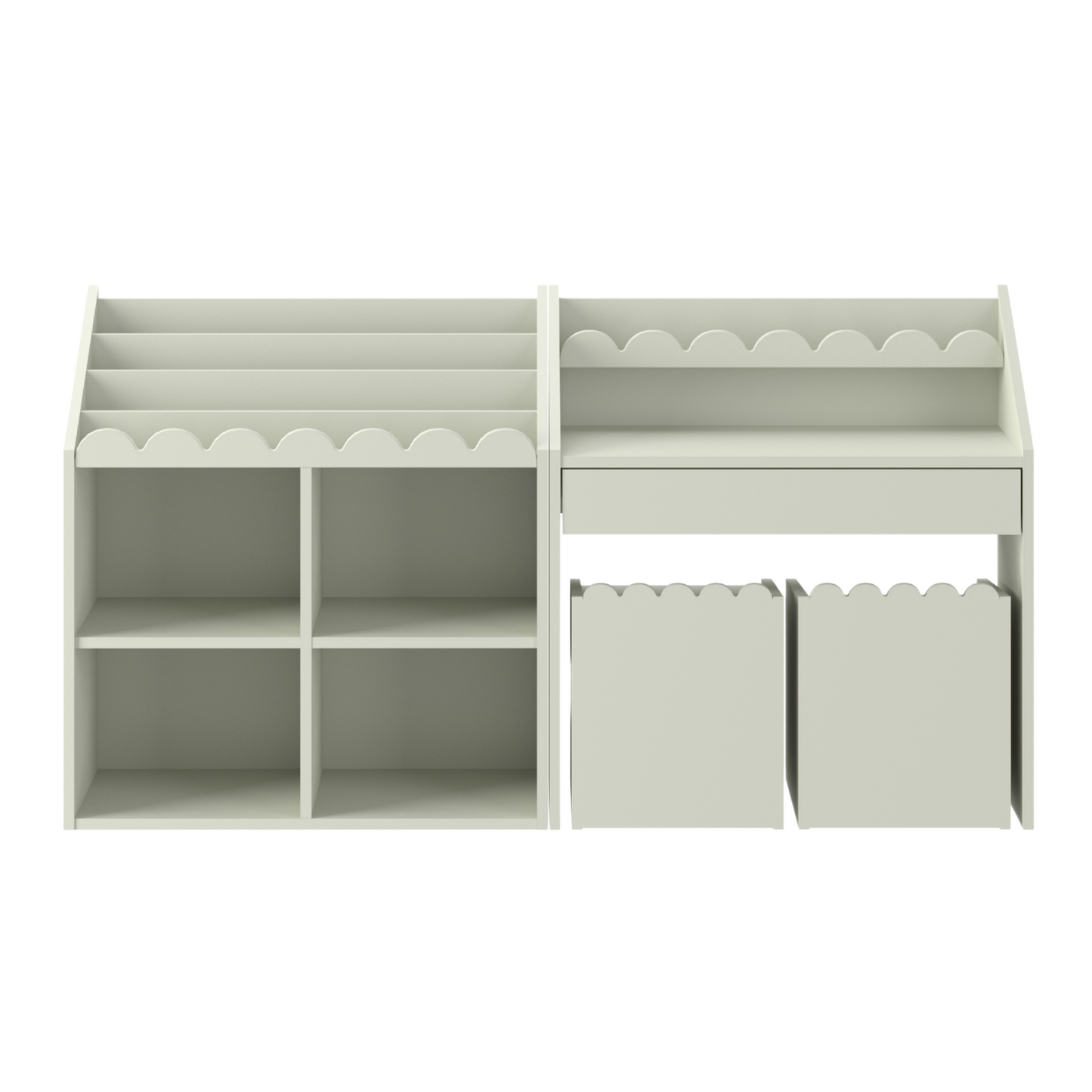 Nomi Montessori Set Sage – Bureau, Boekenkast + 2 Stoelen