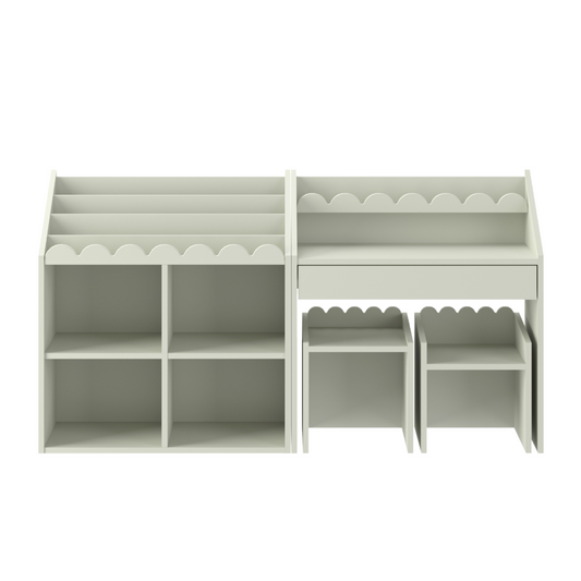 Nomi Montessori Set Sage – Bureau, Boekenkast + 2 Stoelen