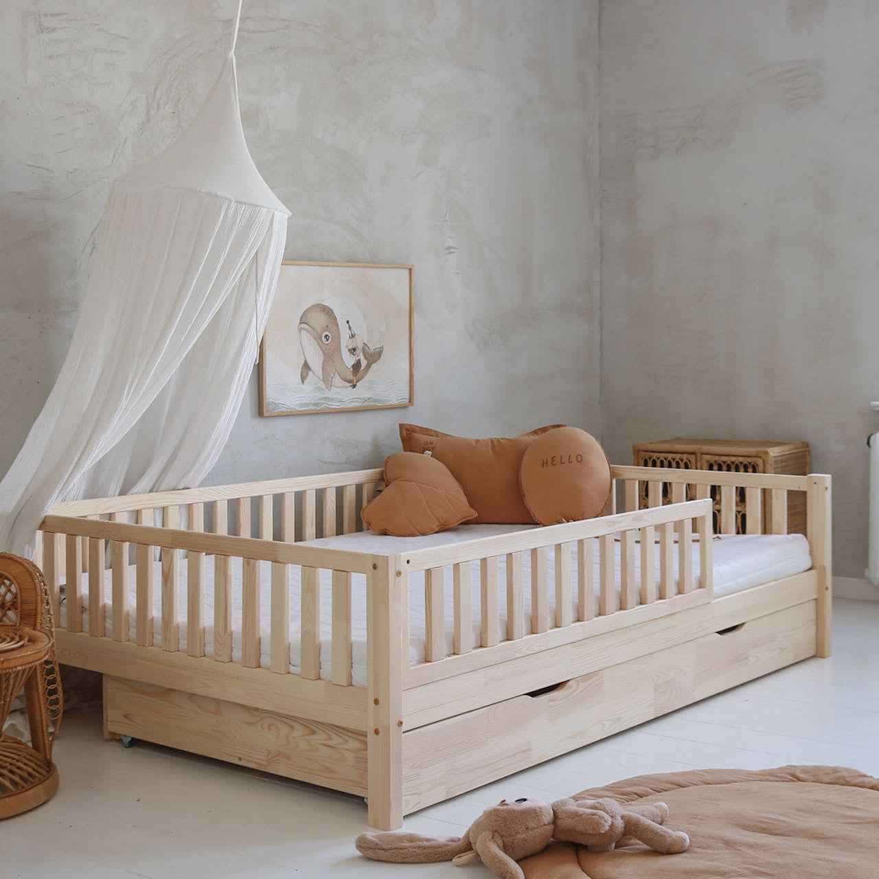 Lit Basic Bella Plus avec barrière 2/3 de longueur 220x140 -tiroir avec fonction couchage