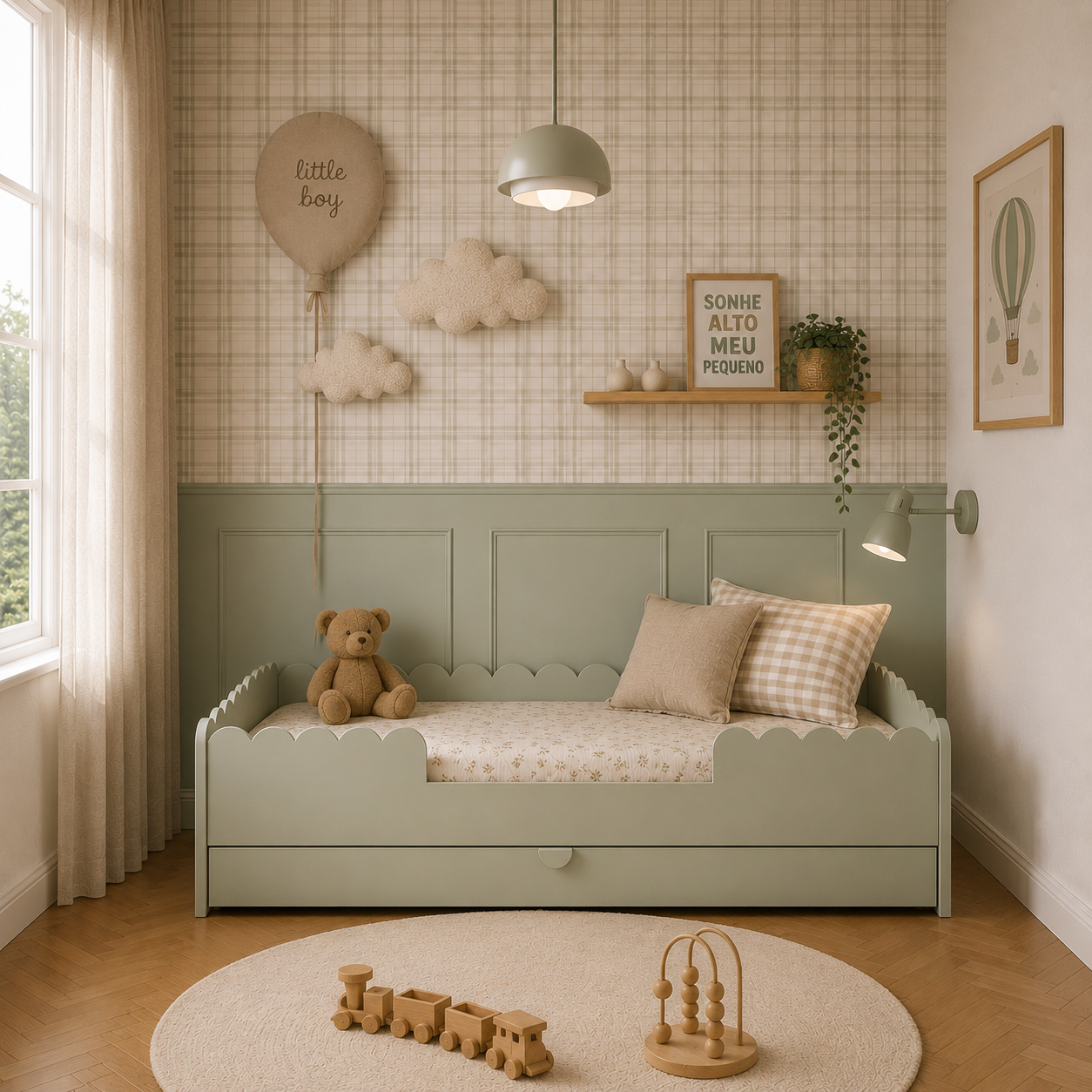 Nomi Montessori Sage bed met lade, 80 × 160 cm