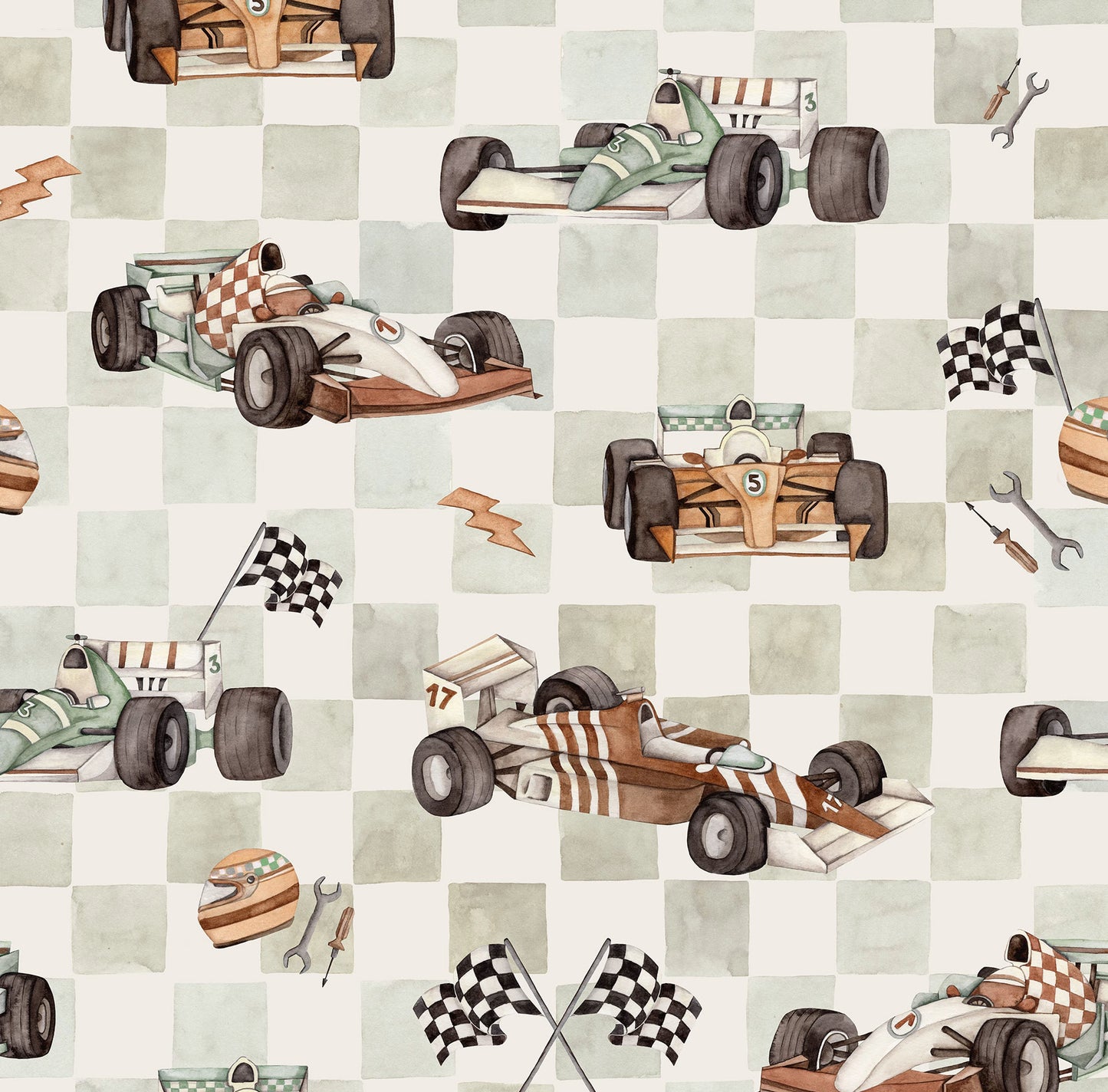 Vintage Racing Cars behang - Olijfkleurig