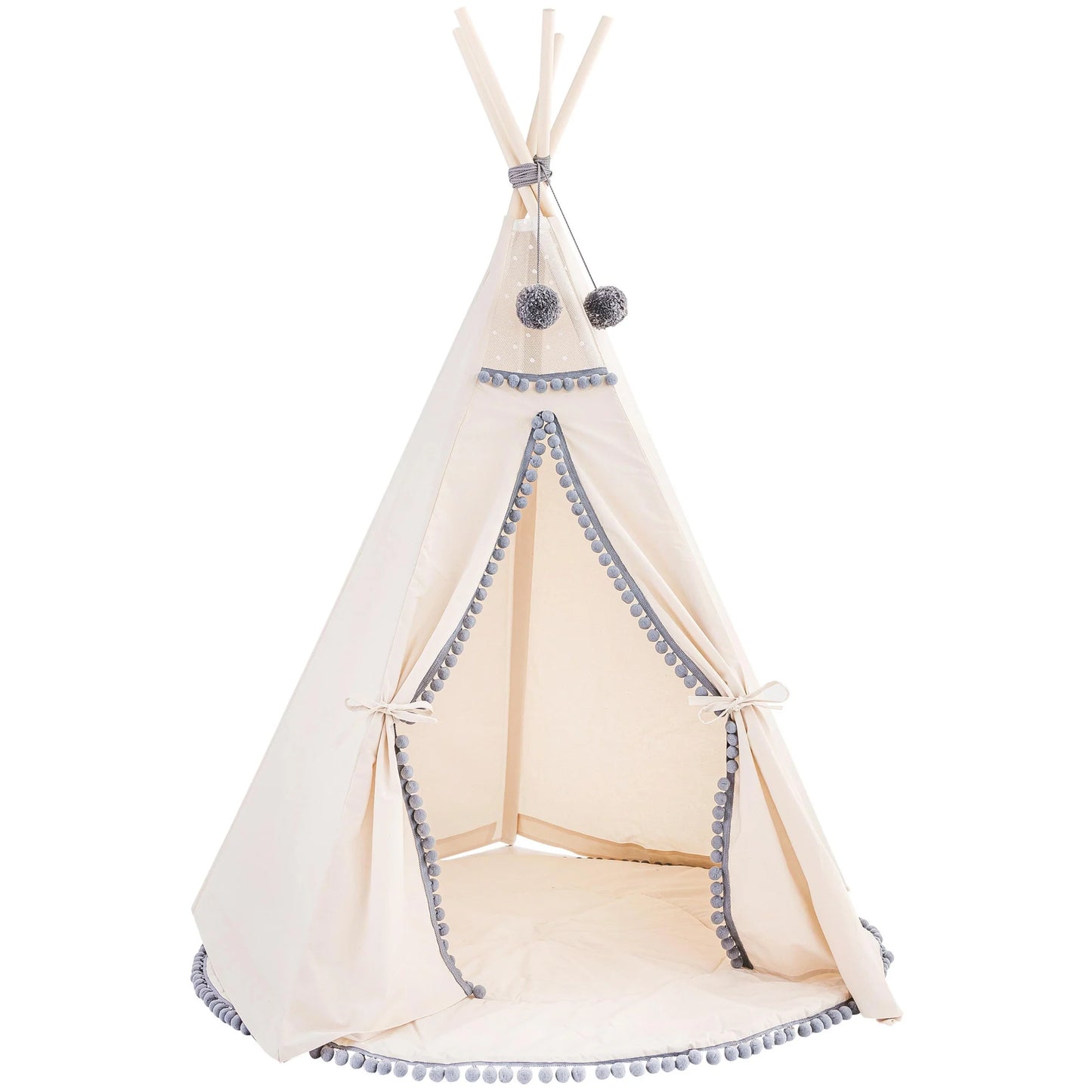 Tipi Tent Ecru with Gray Pompoms