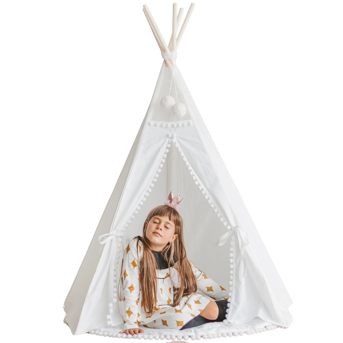 Tipi Tent Snow white with white pompoms