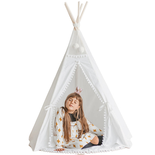 Tipi Tent Snow white with white pompoms