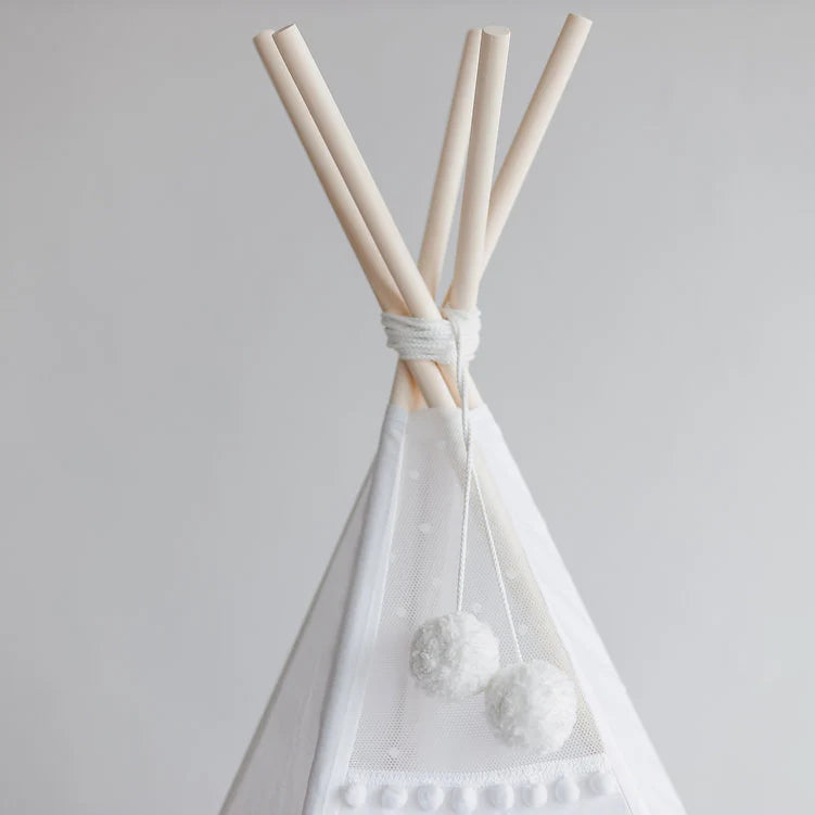 Tipi Tent Snow white with white pompoms