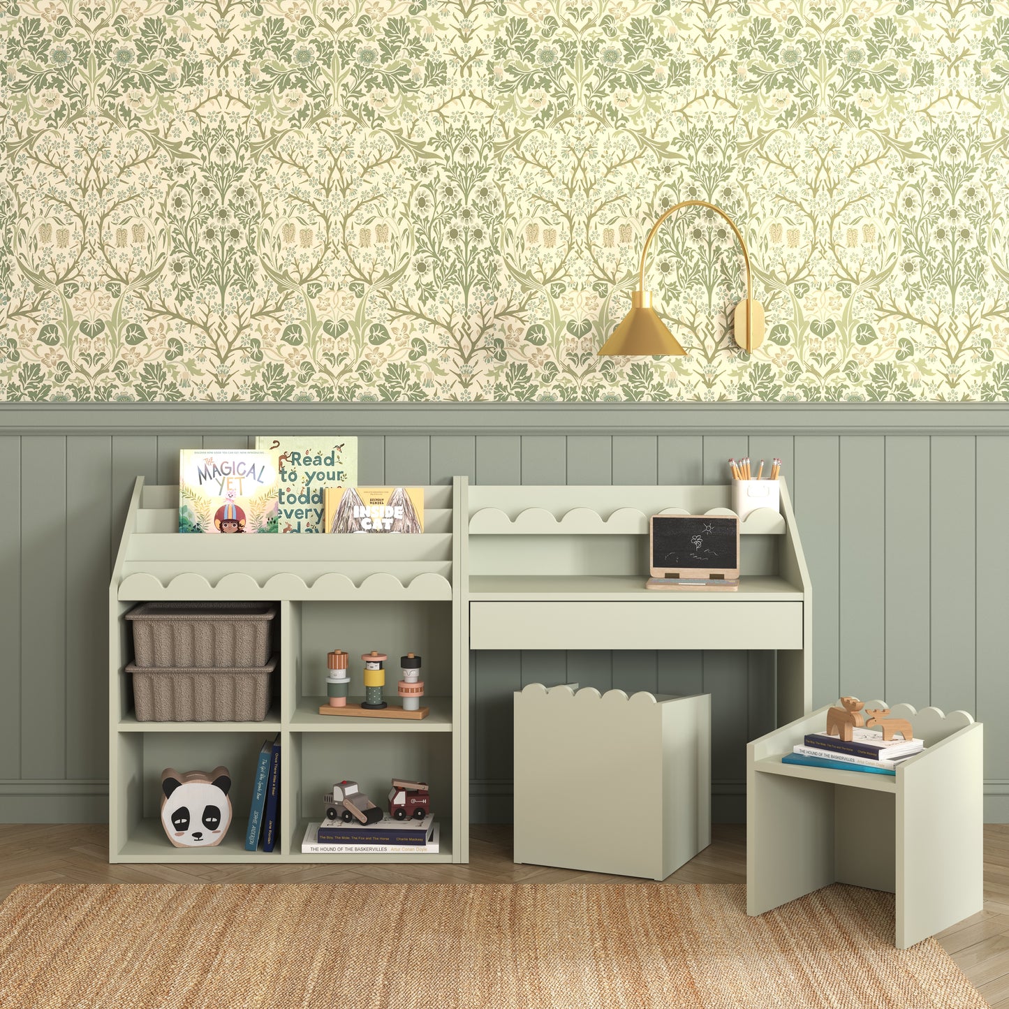 Nomi Montessori Set Sage – Bureau, Boekenkast + 2 Stoelen