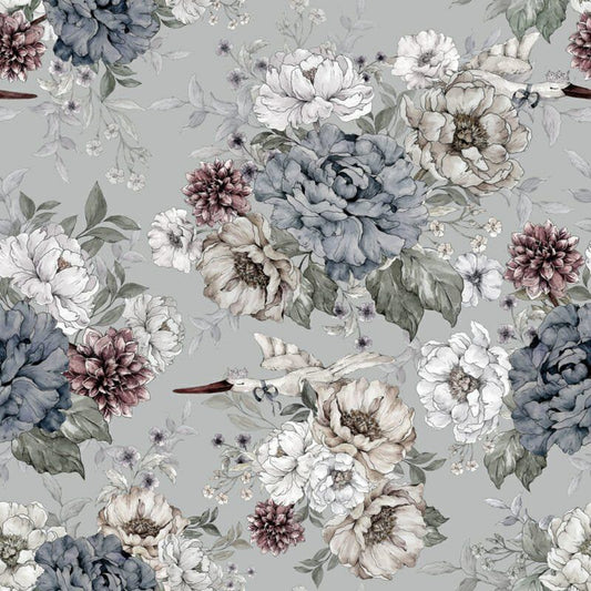 @dehuismuts Wallpaper Flowers and Storks- Dreamy Gray & Green-Unisex