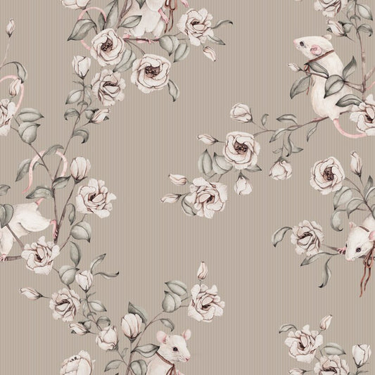 Behang 'Floral Mice' Beige